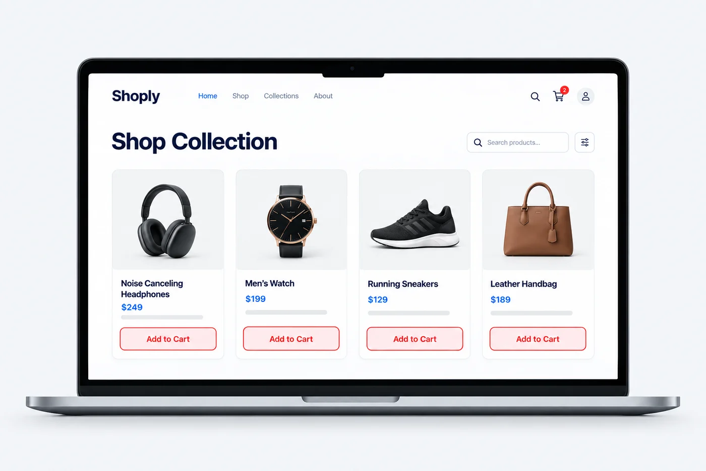 An online store product grid shown on a laptop