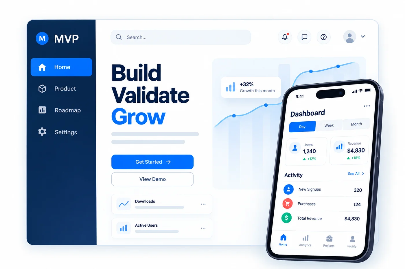 An MVP product dashboard with build, validate and grow steps