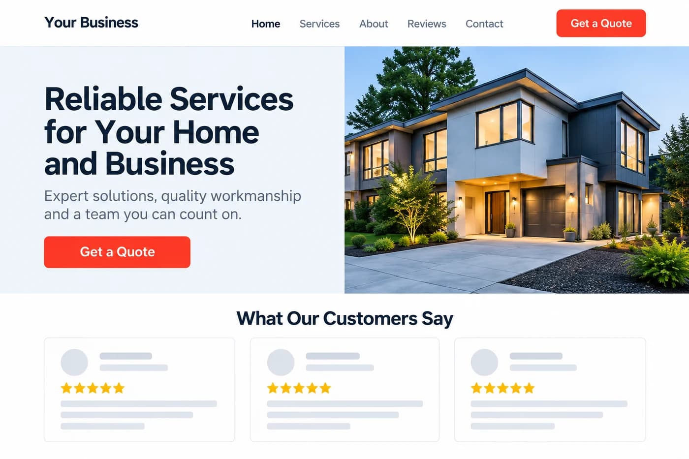 A home services website with a hero, a Get a Quote button and customer reviews