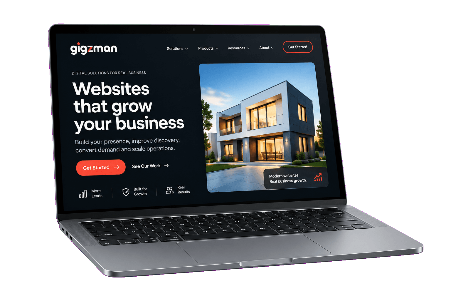 A business website homepage on a laptop