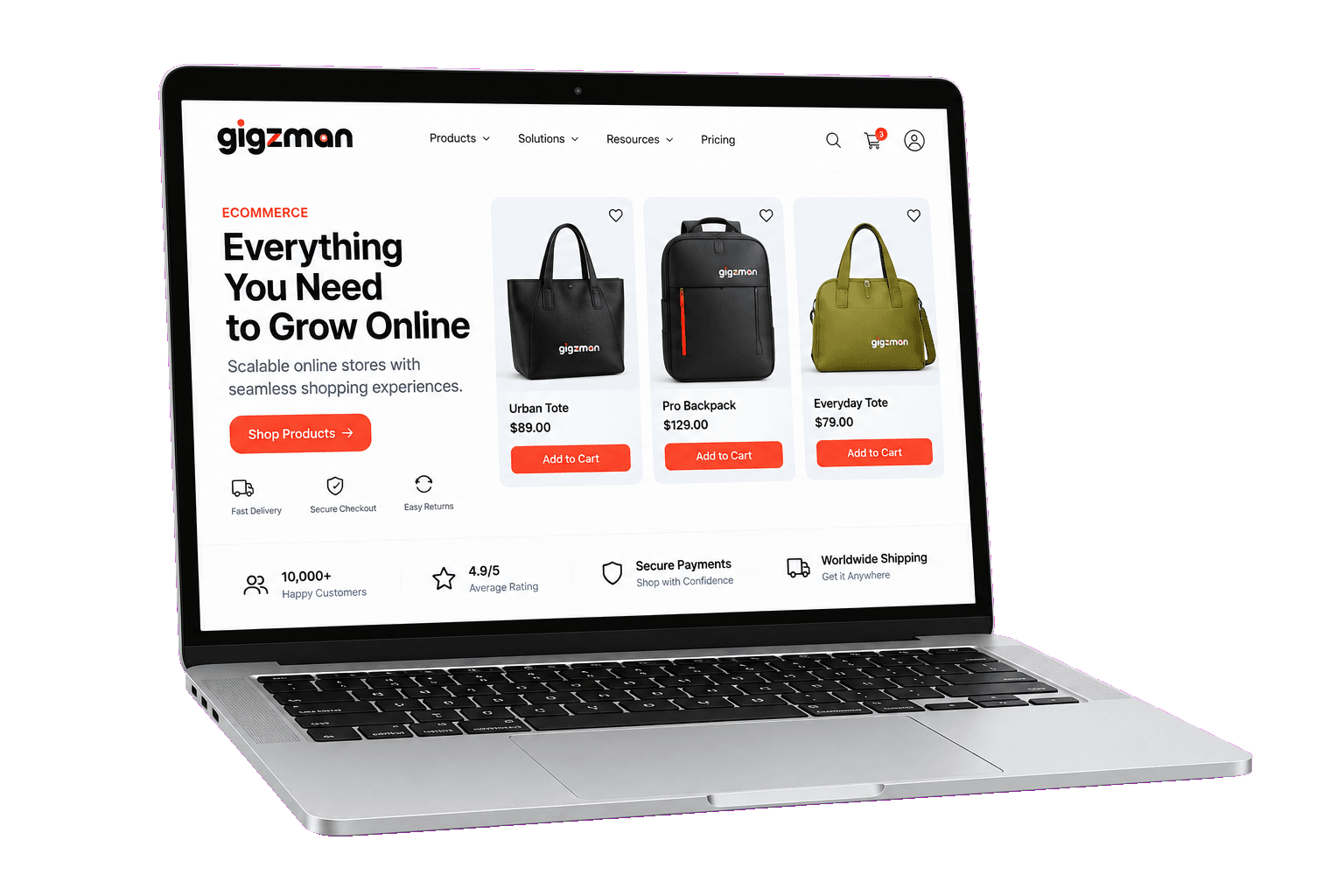 An online store product grid on a laptop