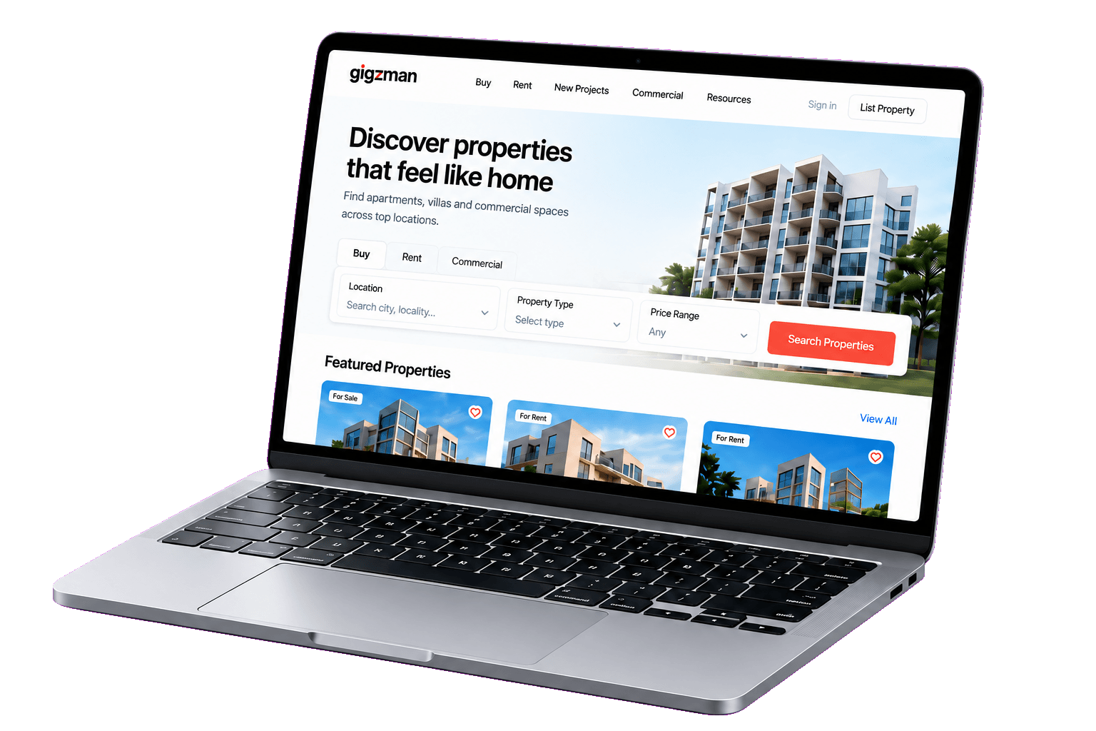 A property discovery platform on a laptop