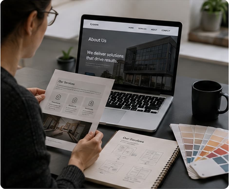 Team reviewing an outdated website alongside brand materials