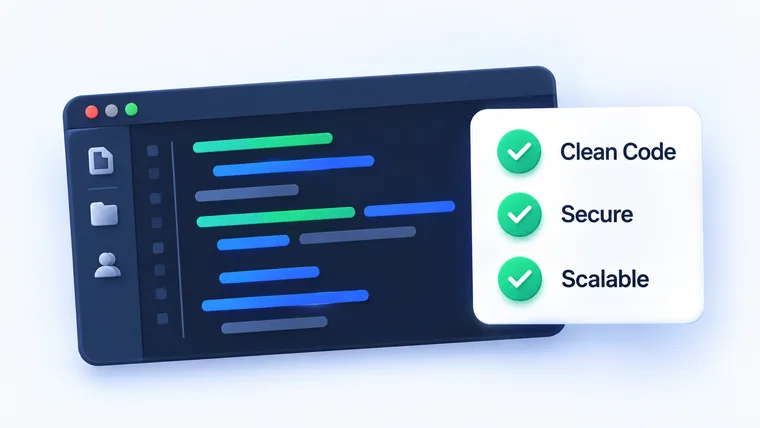 A code editor with clean code, secure and scalable checks ticked off