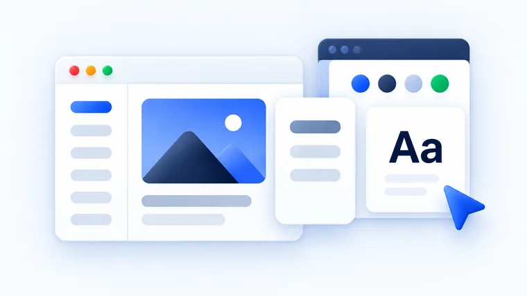 Layered interface mockups with a type specimen and a cursor