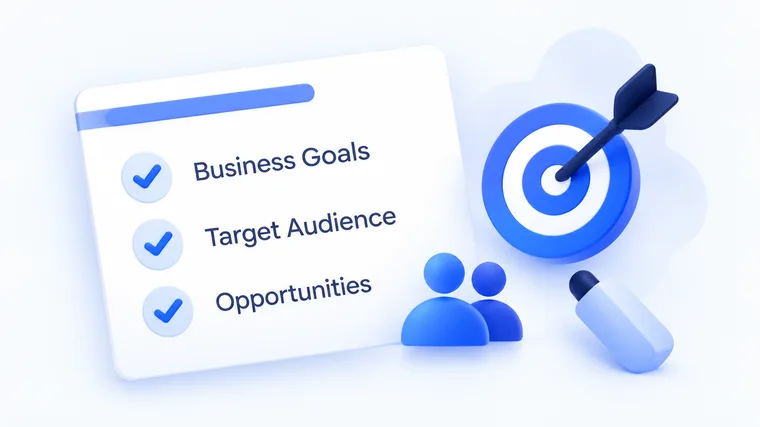 A discovery brief listing business goals, target audience and opportunities, beside a target and arrow