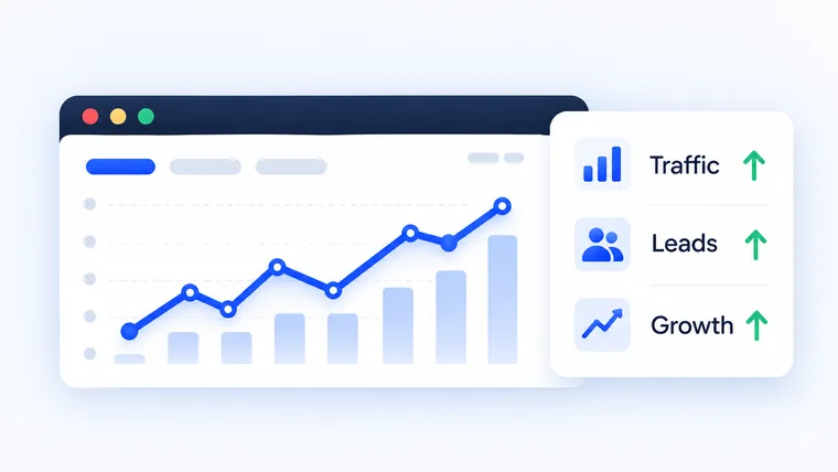 An analytics dashboard with traffic, leads and growth trending up