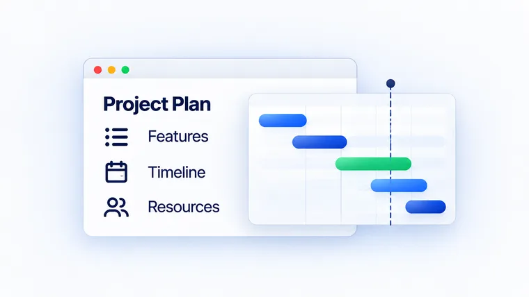 A project plan showing features, timeline and resources on a Gantt chart