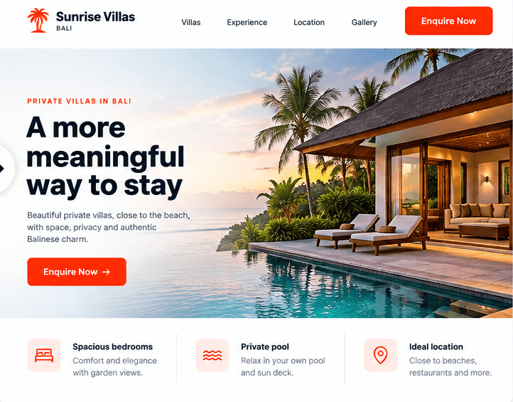 The rebuilt villa website: one clear headline, a full-width hero and a single enquiry button