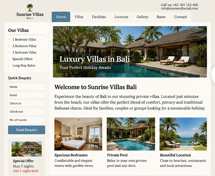 The original villa website: a dense sidebar, small hero and a long enquiry form