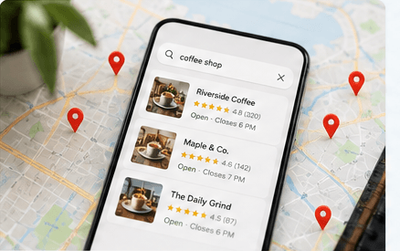 A phone showing local coffee shop results over a printed map