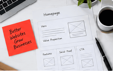 A hand-drawn homepage wireframe on a desk beside a coffee