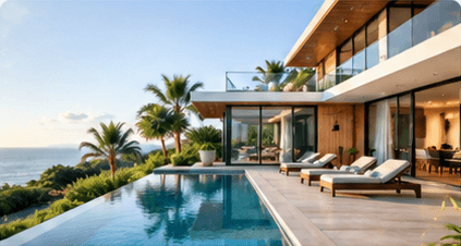 A modern villa with a pool at sunset