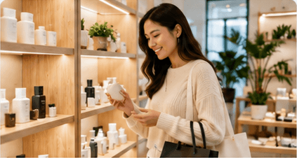 A shopper examining a product in a retail store