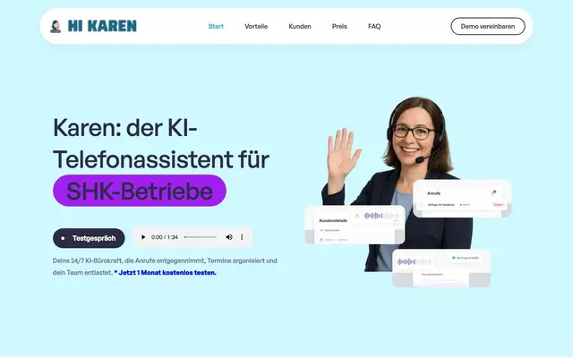 Hi Karen - dein 24/7 KI Telefonassistent website