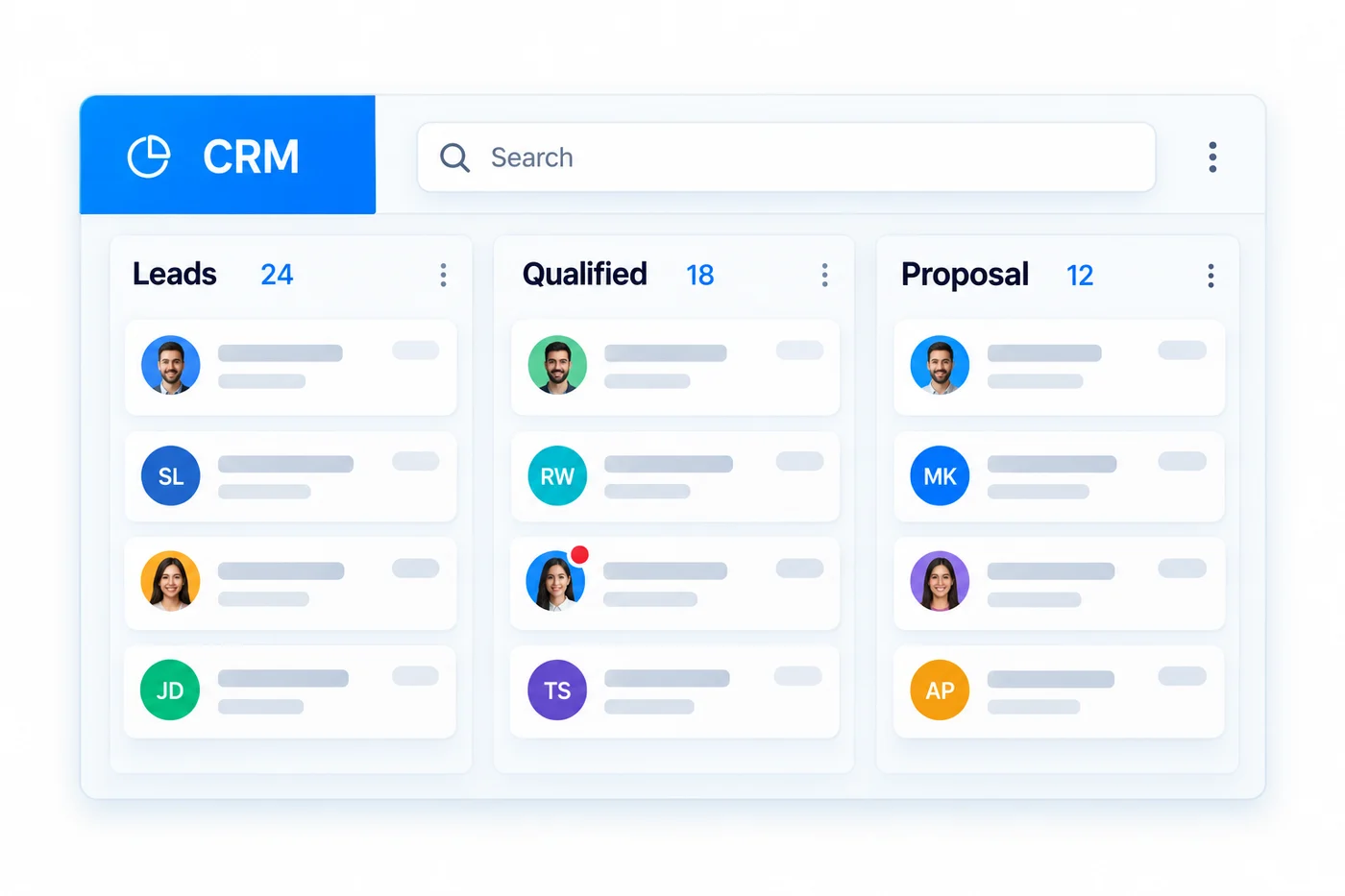 A CRM board with leads, qualified and proposal columns