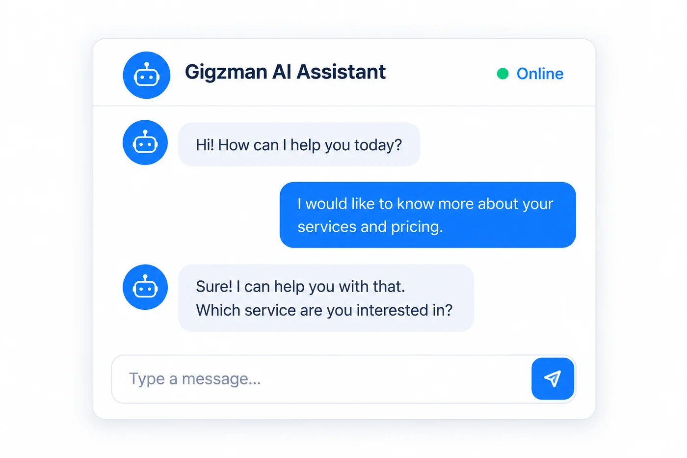 A website chat thread between a visitor and an AI assistant