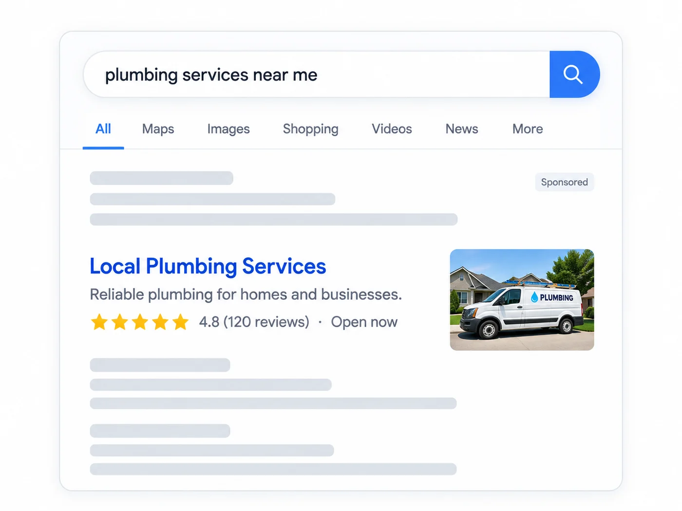 A Google results page for a local services search, with the map pack at the top